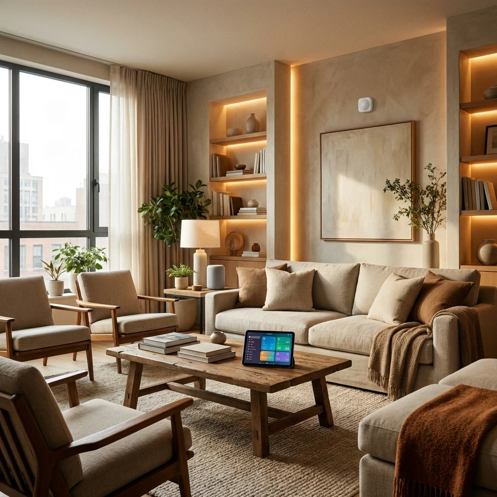 Modern apartment with integrated enabling technology including smart home dashboard, environmental sensor, and voice assistant supporting independent living