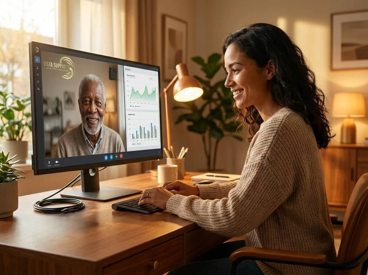 Remote support professional engaged in a video call with an older adult, monitoring health data and personal wellbeing through enabling technology, demonstrating person-centered remote supports IDD in action.